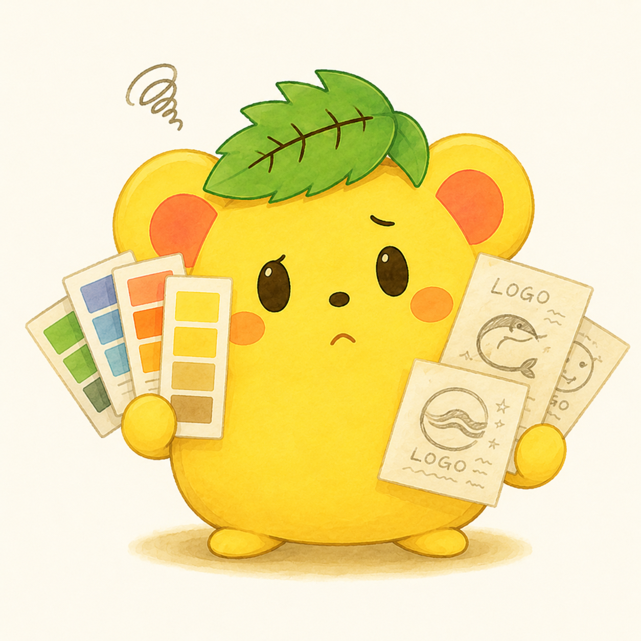 色見本を見比べて首をかしげるくりまろのイラスト