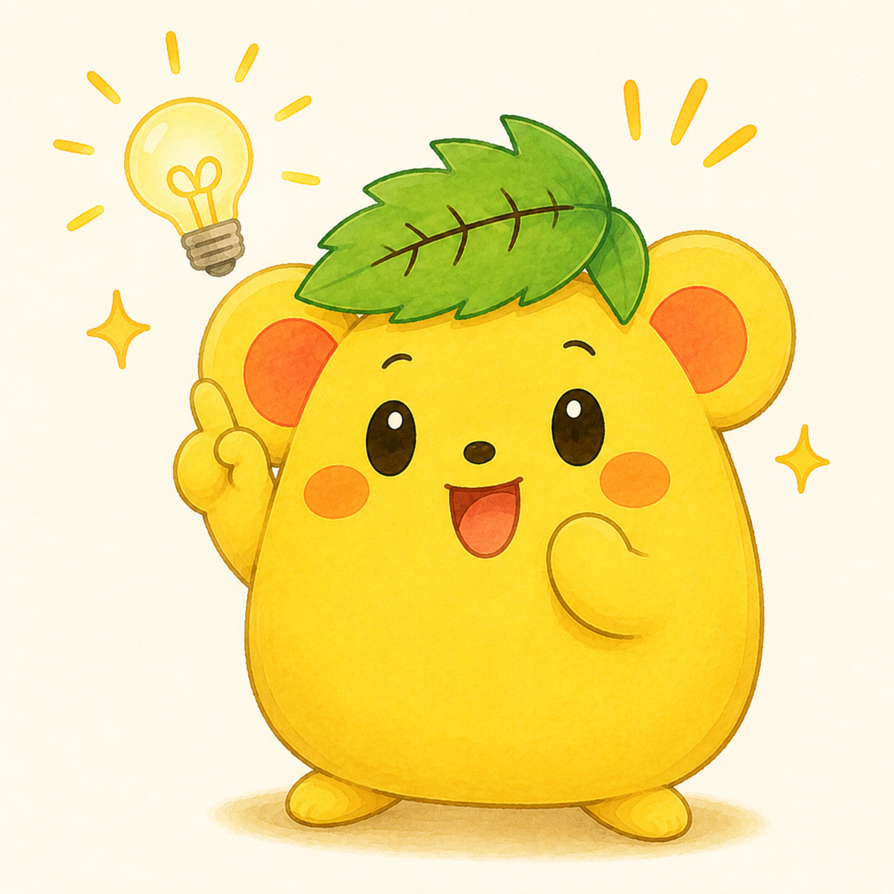 電球のひらめきマークとともに気づきを得て喜ぶくりまろのイラスト」
