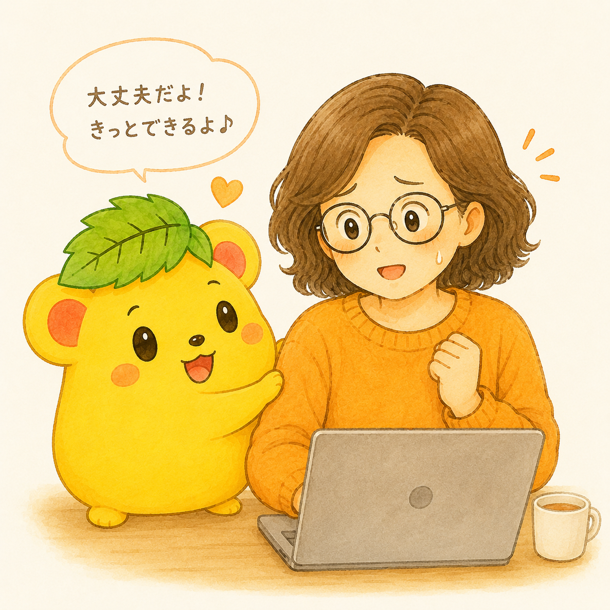 PCに向かうみかをくりまろが後押しするイラスト