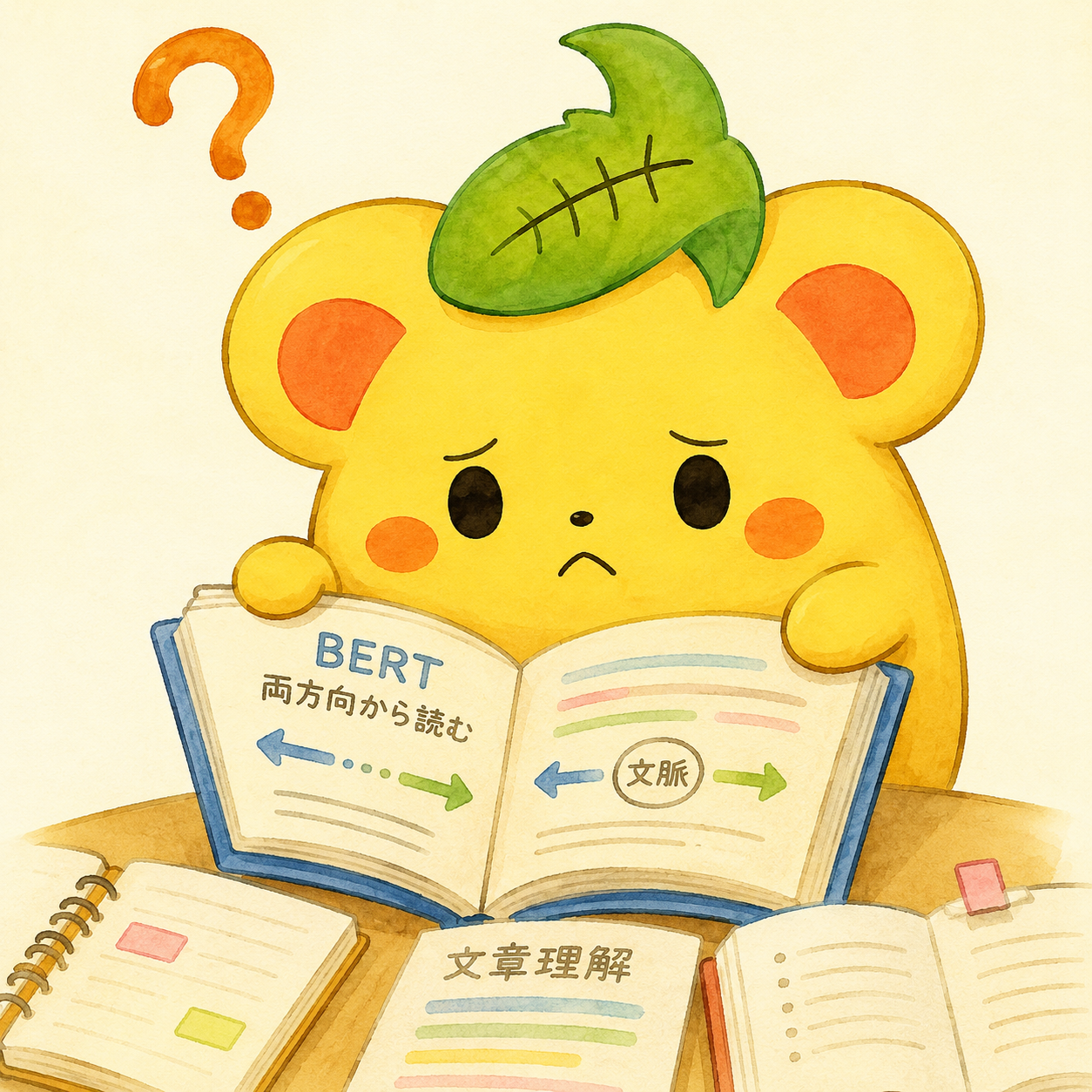 くりまろが本を読みながら首をかしげて考えている、BERTの仕組みを解説するイメージイラスト