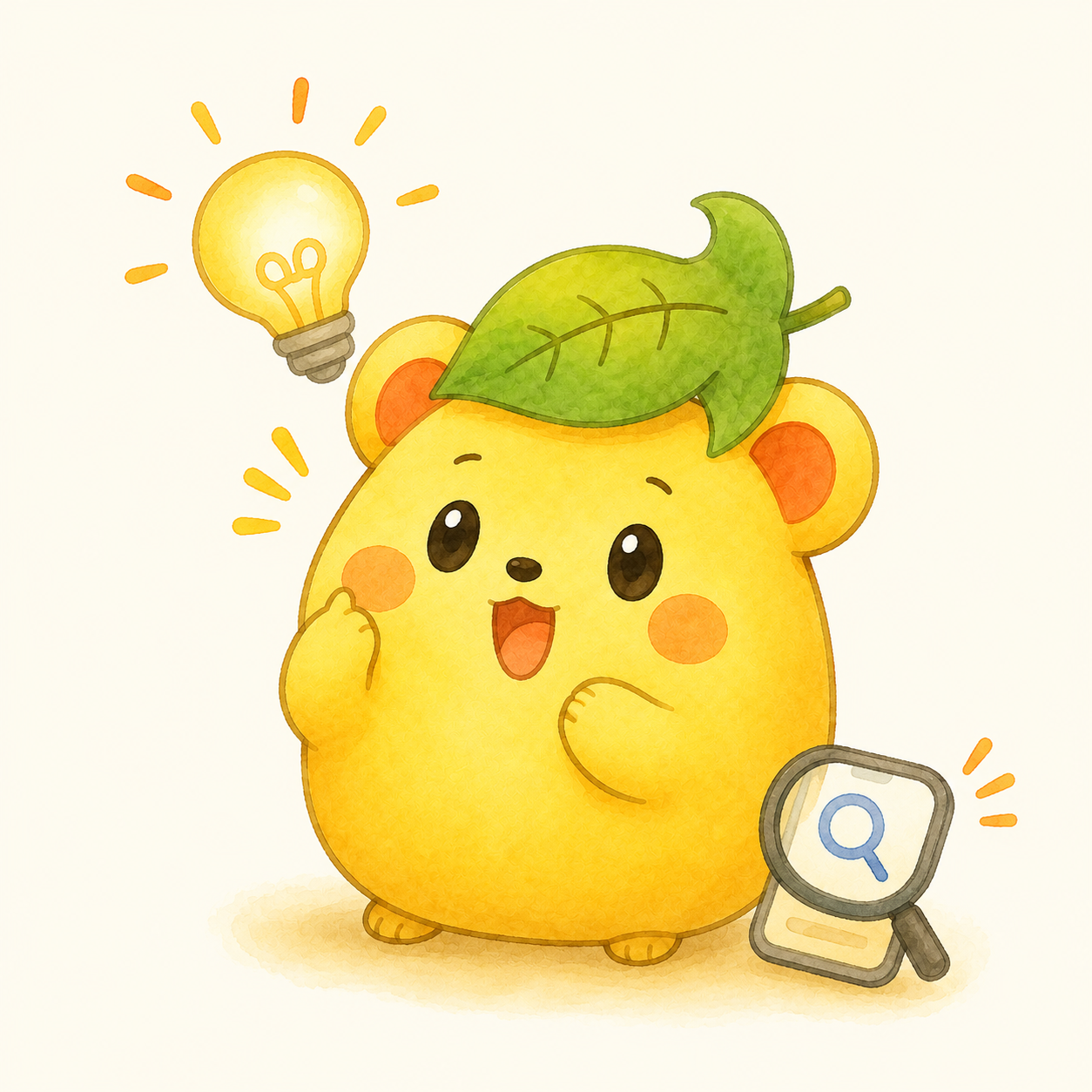 電球のひらめきマークとともに考え込むくりまろ、AI検索時代のWebマーケティングについてのイラスト