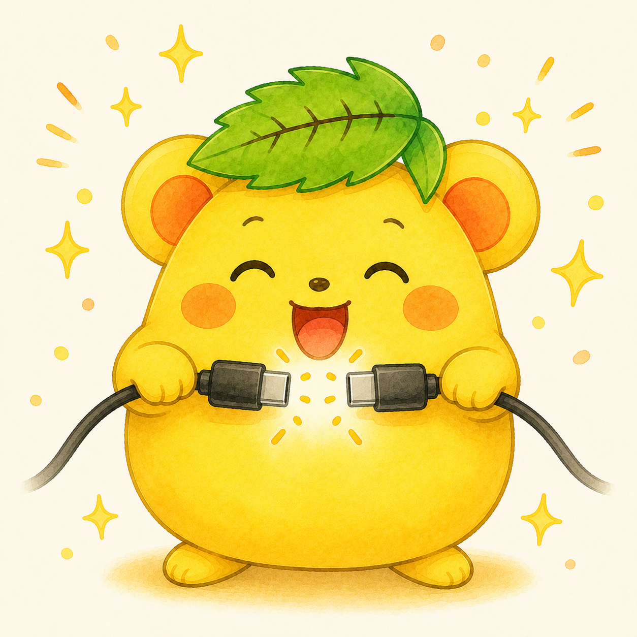 くりまろ、ケーブルをつなげて喜ぶイラスト