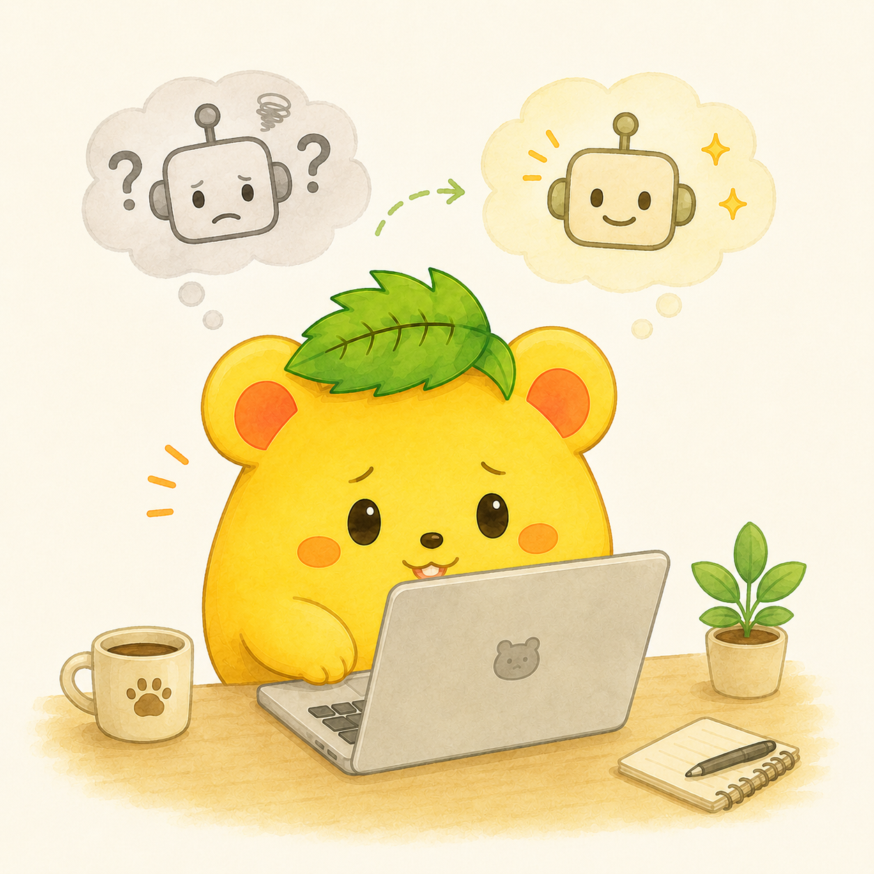 くりまろが不安げな表情からほっとした笑顔に変わっていく様子のイラスト