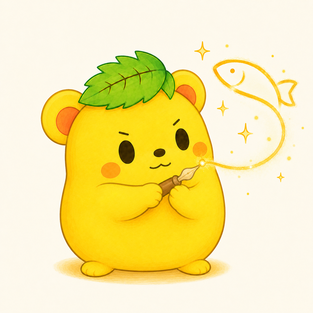 くりまろがペンツールを持ち、光る線で魚のロゴを描いているイラスト