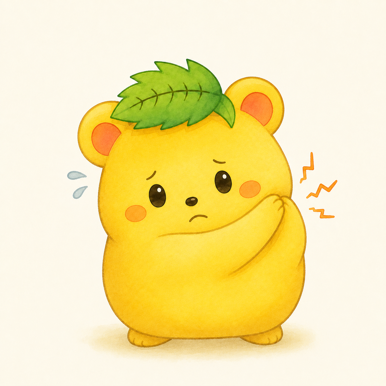 くりまろが肩をコリコリと押さえて困った顔をしているイラスト