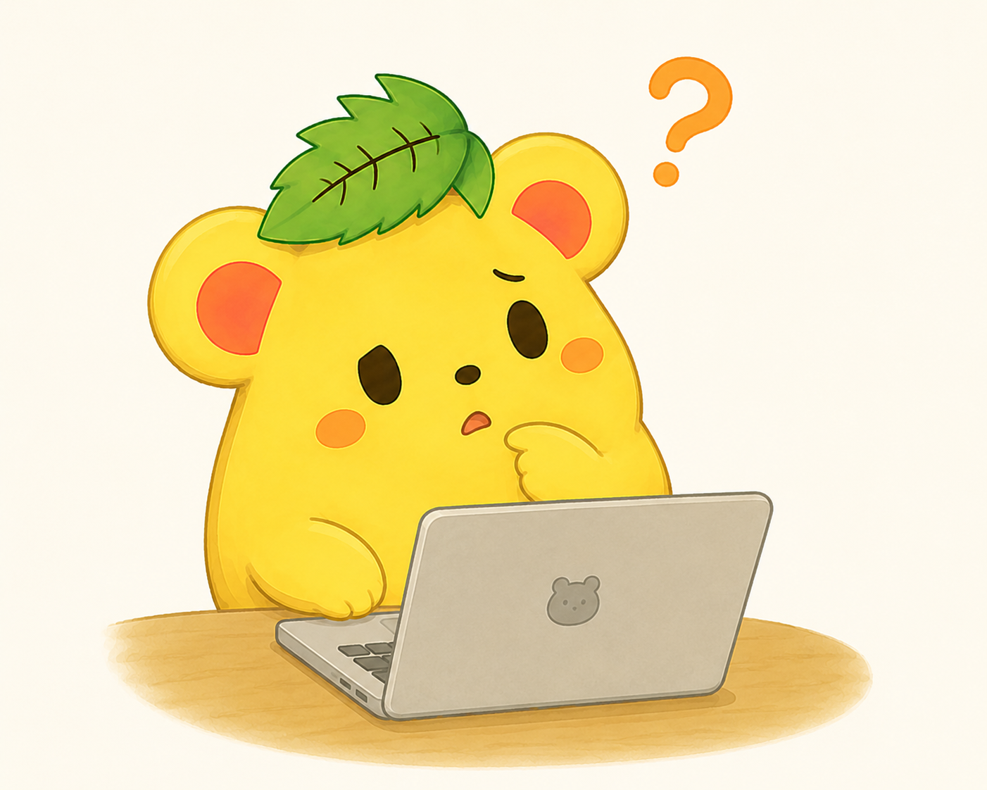 くりまろがパソコンを前に「？」と首をかしげて考え込んでいるイラスト
