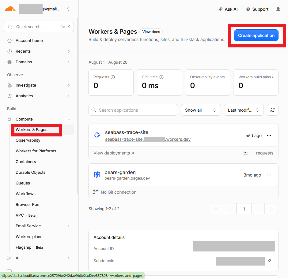 Cloudflareの管理画面、Create applicationボタンを押す場面