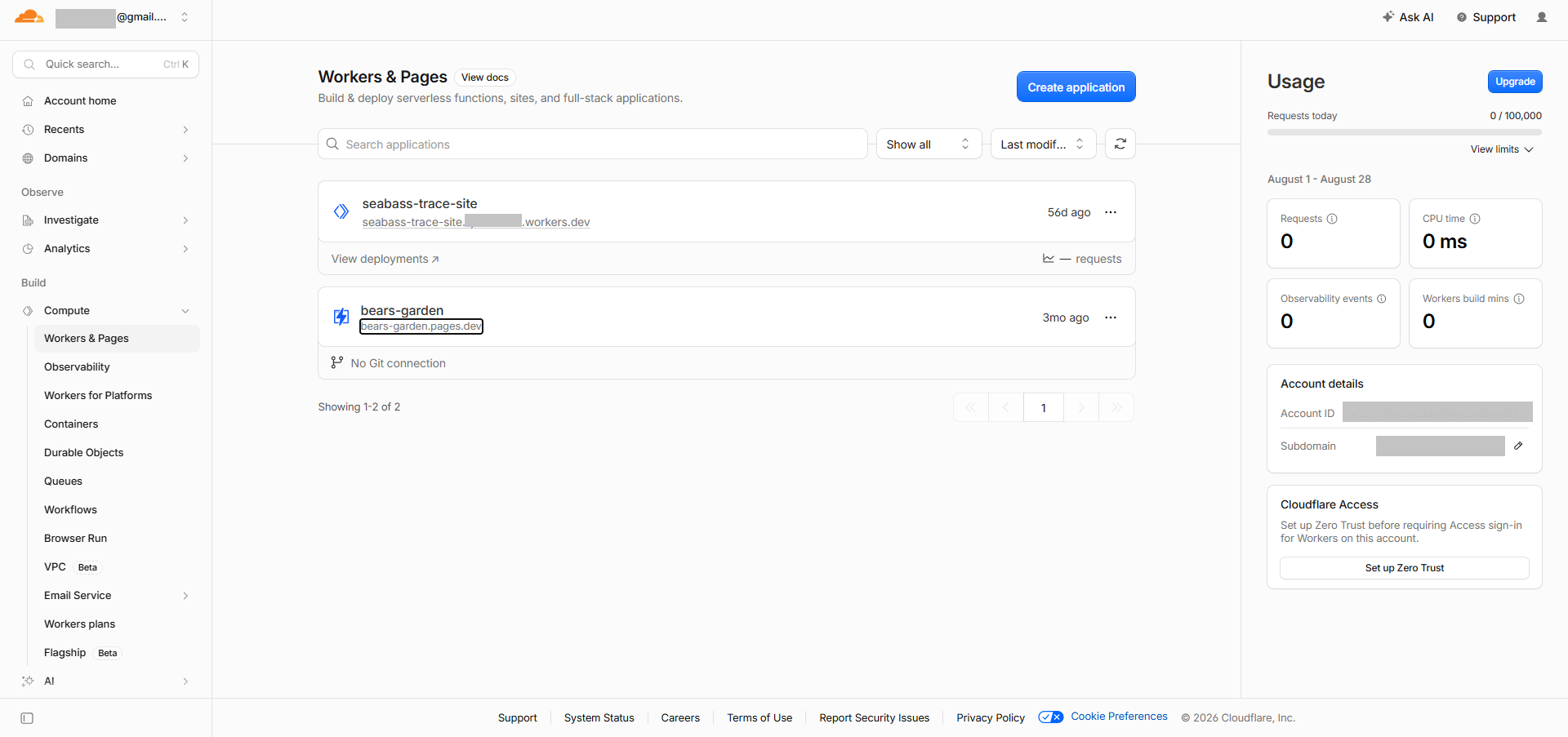 Cloudflareの管理画面、Workers & Pages一覧に複数のプロジェクトが並ぶ画面