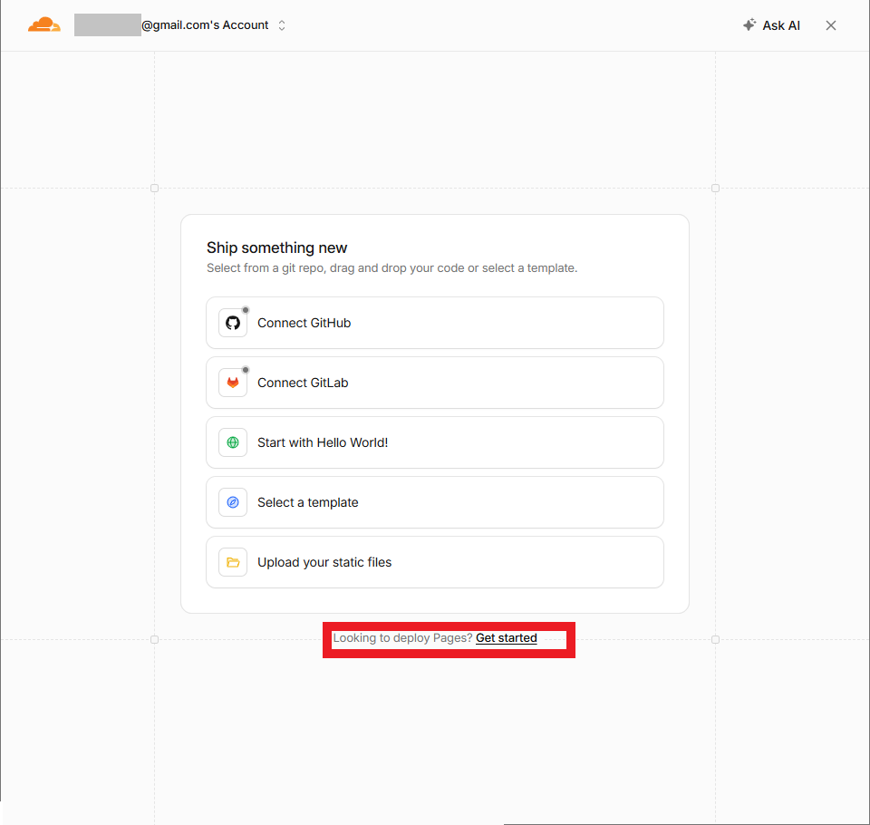 Cloudflareの画面、Pagesへの入口が下部の小さいリンクにあることを示す