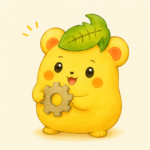 くりまろが小さな歯車を持って満足げにしているイラスト