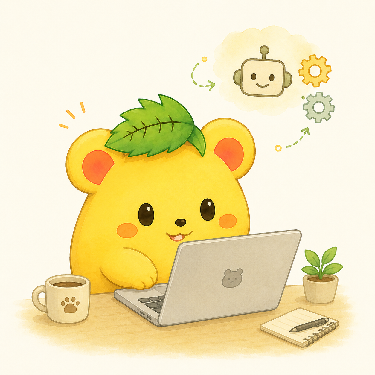 ノートパソコンに向かって作業するくりまろ、個人規模でのAI自動化をイメージしたイラスト