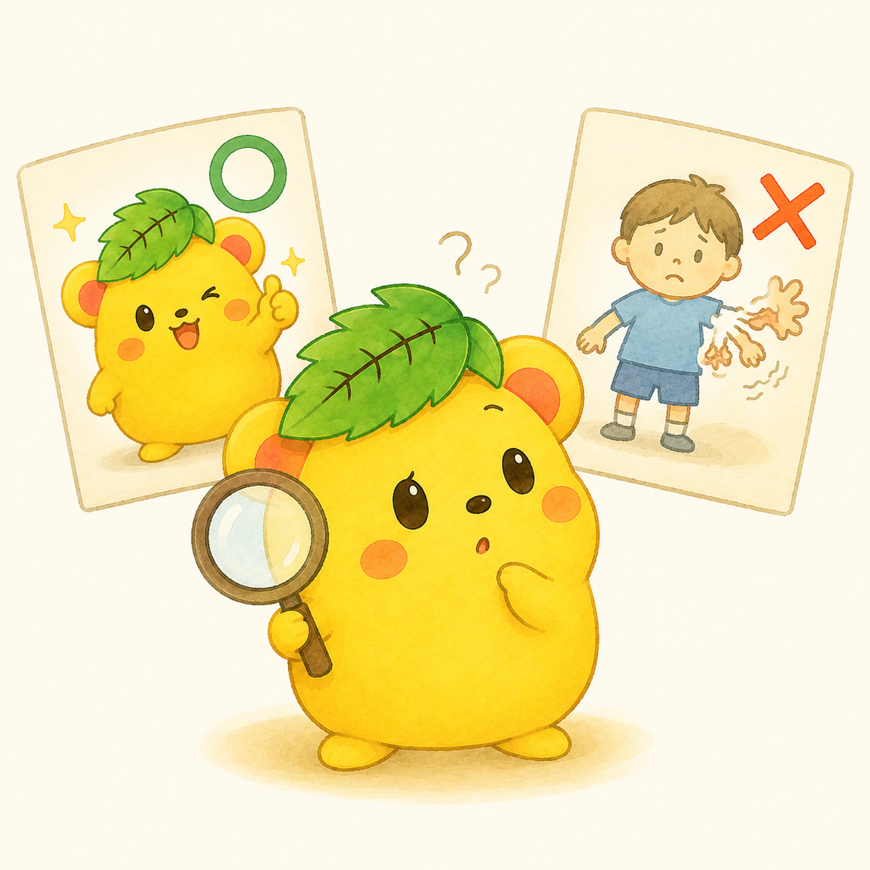虫眼鏡でAI生成イラストの得意な例と苦手な例を見比べるくりまろ