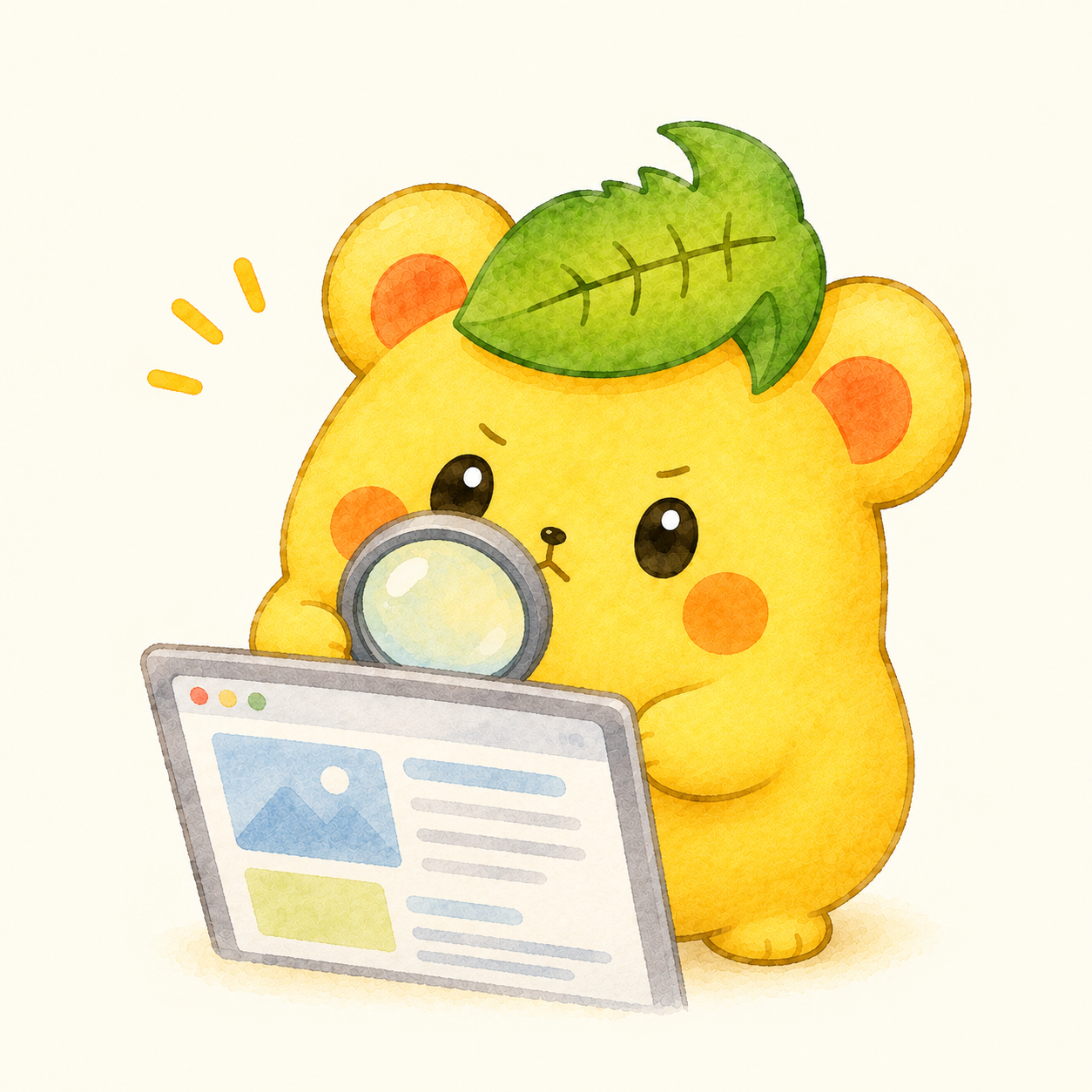 くりまろが虫眼鏡でWebページの画像とテキストの配置をチェックしている様子