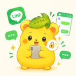 スマートフォンでLINE公式アカウントを操作するくりまろ、合言葉認証をイメージした鍵マーク付き