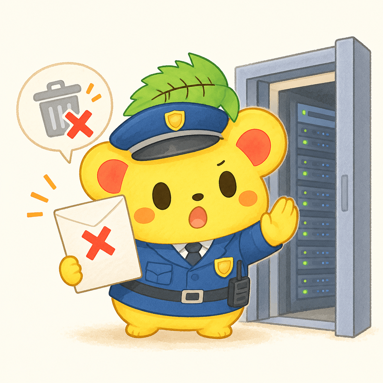 警備員姿のくりまろが「削除」の封筒にバツ印をつけてサーバーの前で制止しているイラスト