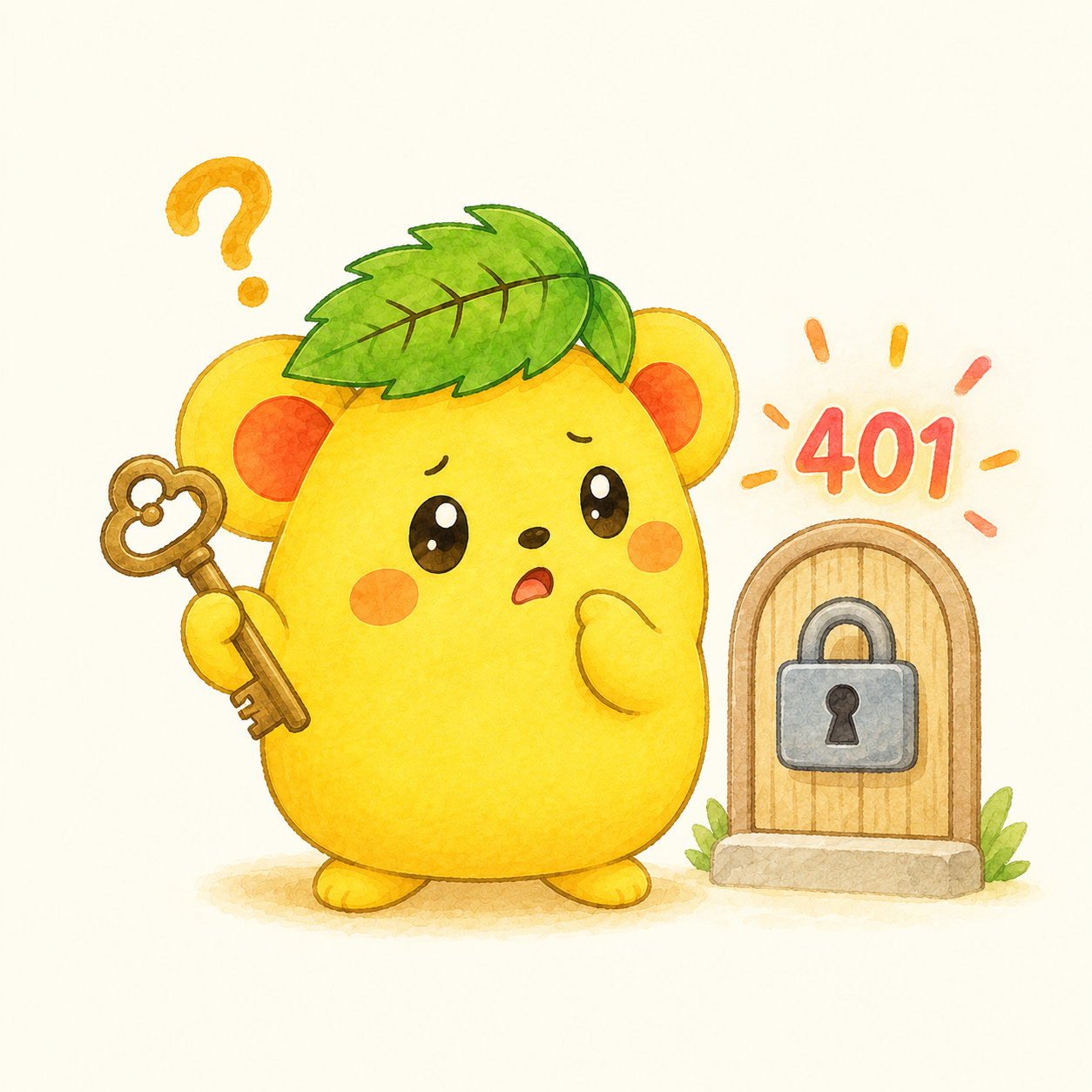 WordPress REST API の401エラーに困っているくりまろが、合鍵を持って鍵のかかった扉の前で首をかしげているイラスト