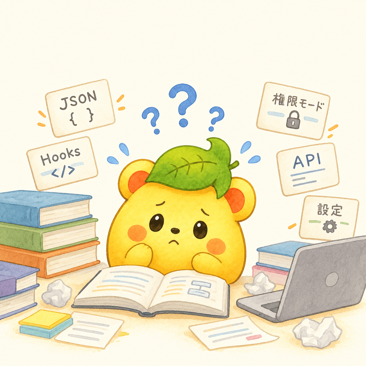難しい専門用語やJSON・Hooksのカードに囲まれてしょんぼりするくりまろのイラスト