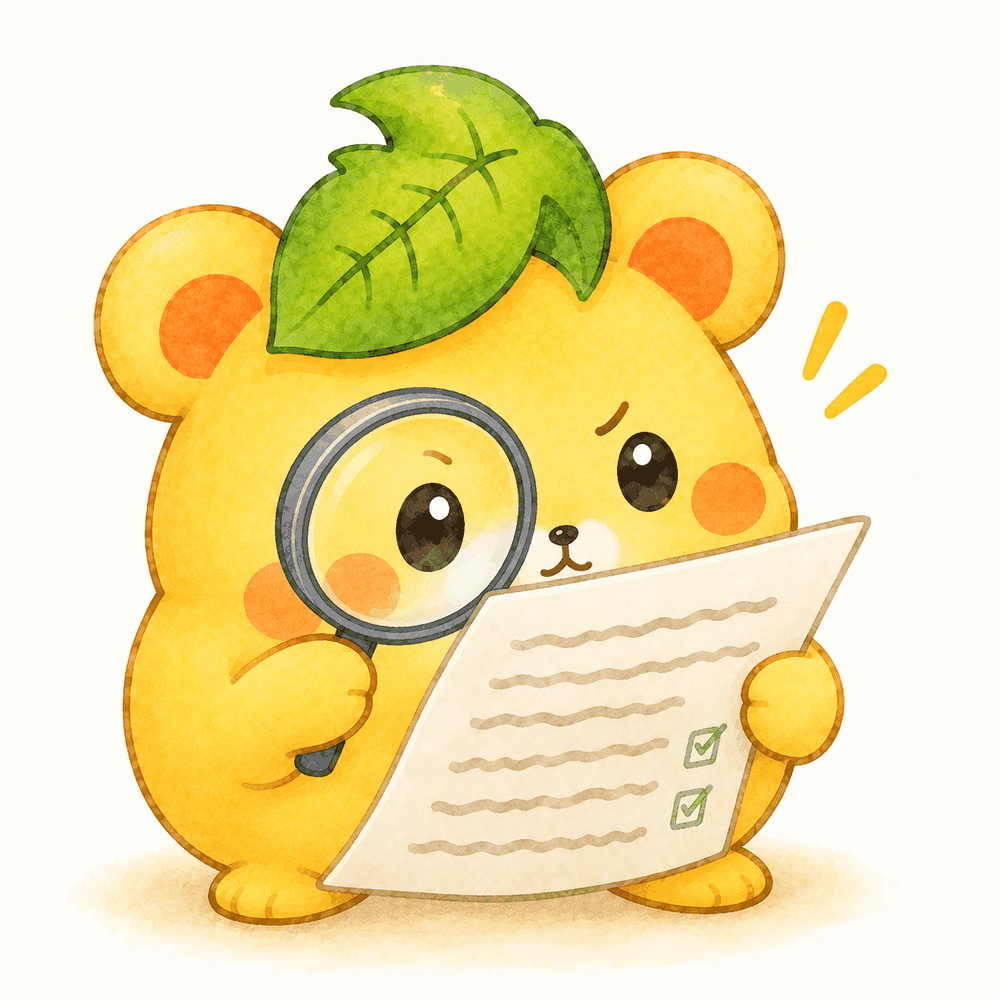 虫眼鏡で文章を確認しているくりまろ