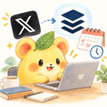 くりまろがPCでXの予約投稿をBufferで設定しているイメージ