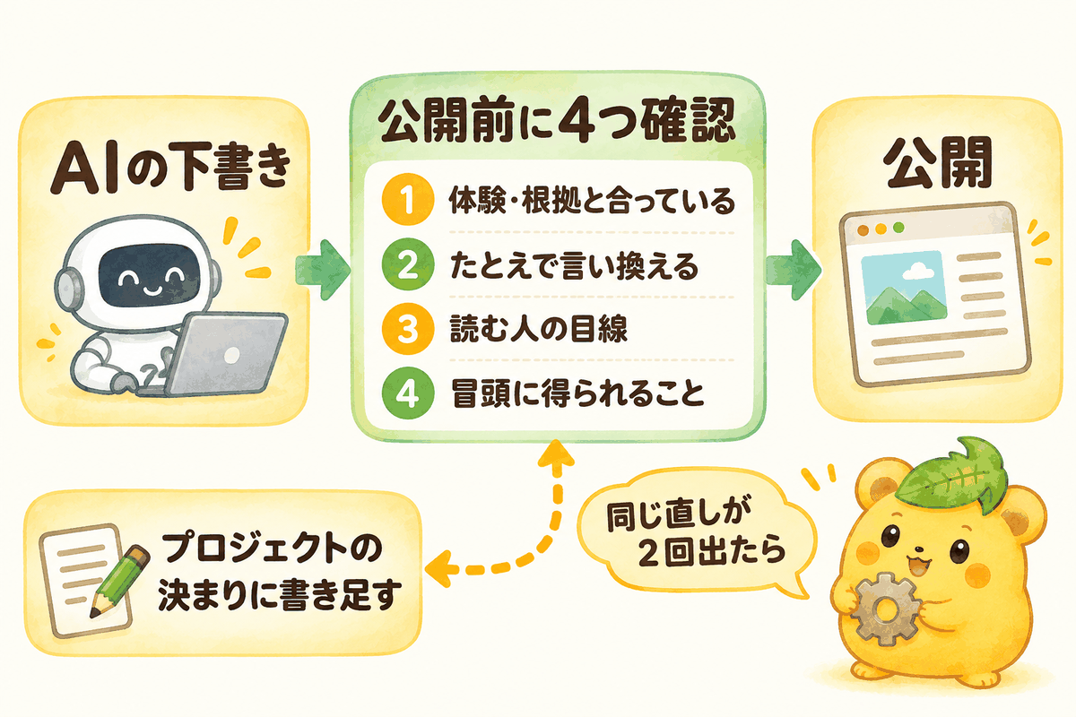 AIの下書きを4つ確認して公開する流れと、同じ直しが2回出たら決まりに書き足す仕組みの図