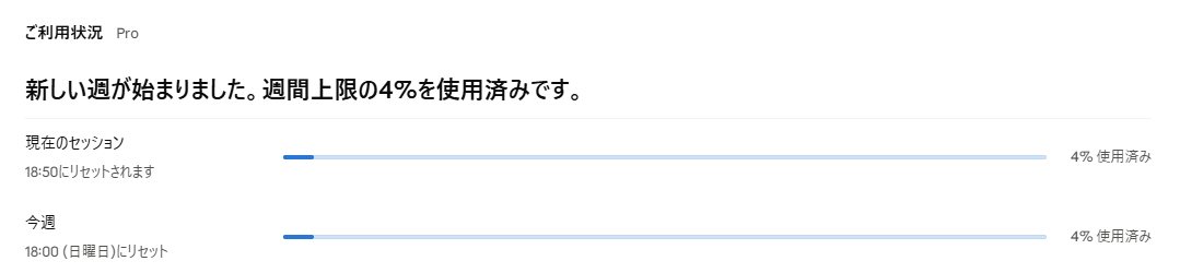 Claudeの設定の「使用量」画面で、現在のセッションと今週の上限が表示されている様子