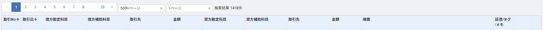 仕訳帳の去年分が、検索結果1418件・29ページと表示されている画面(中身は非表示)