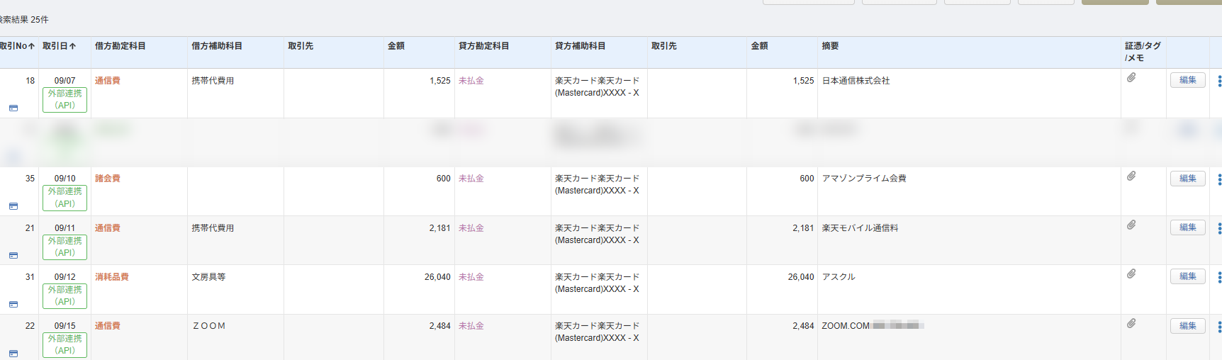 Claudeが連携経由で登録した仕訳が、「外部連携(API)」の表示つきで仕訳帳に並んでいる画面