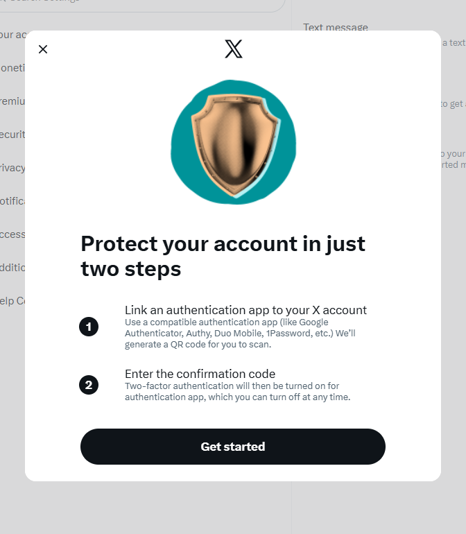 Xの認証アプリ設定の案内画面(Protect your account in just two steps)